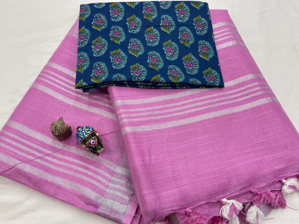 Orchid pink Pure linen saree online