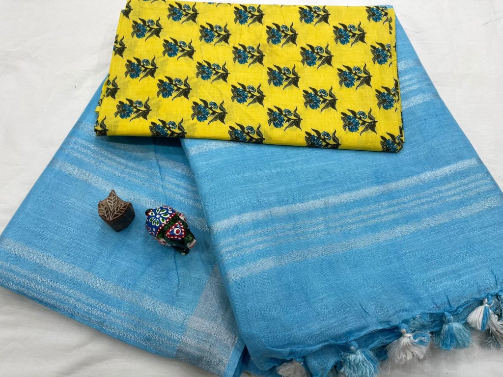 Baby blue linen cotton sarees wholesale