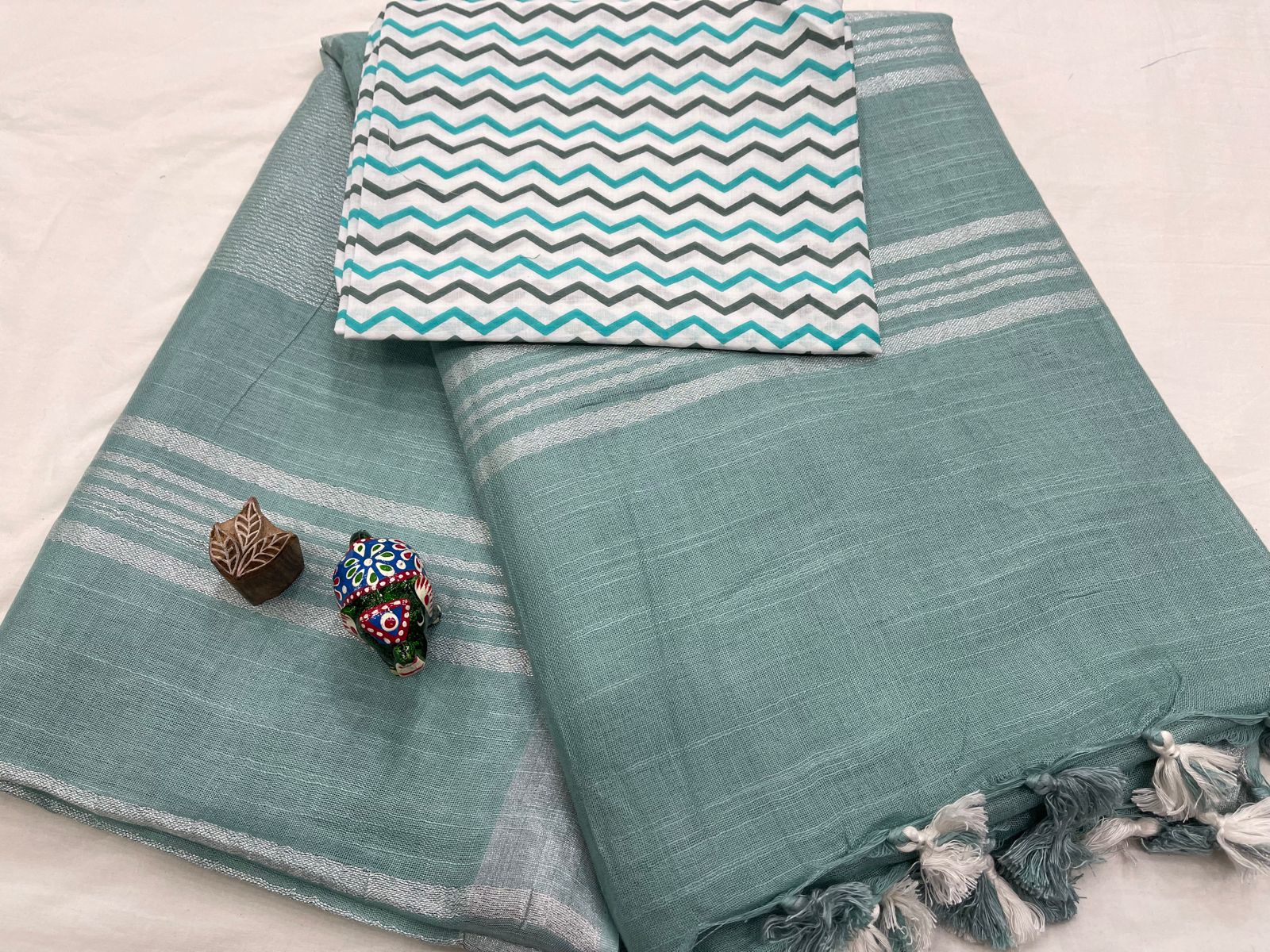 Plain Blue green cotton linen sarees