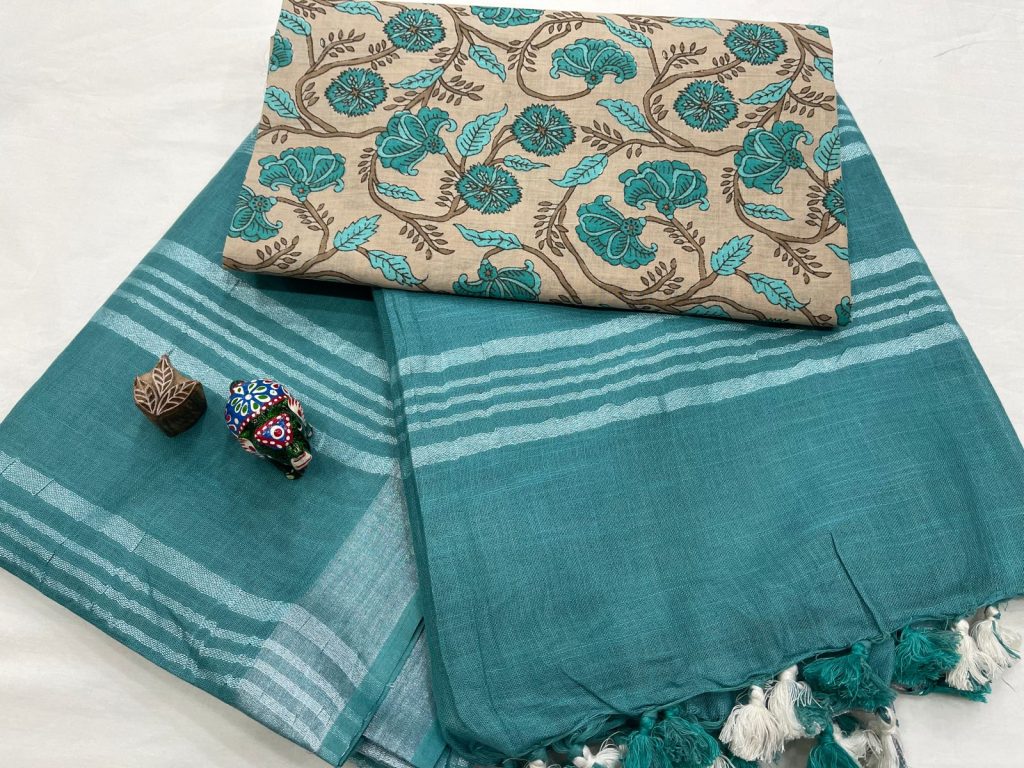 Plain teal color cotton linen sarees