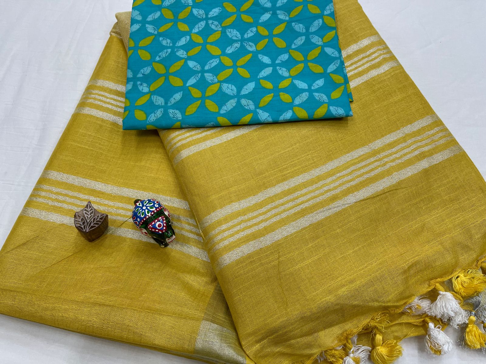 Plain Amber yellow cotton linen sarees