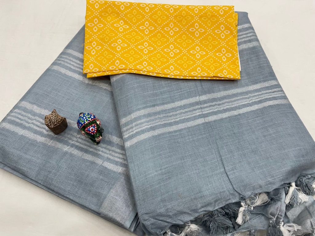 Plain slate gray cotton linen sarees