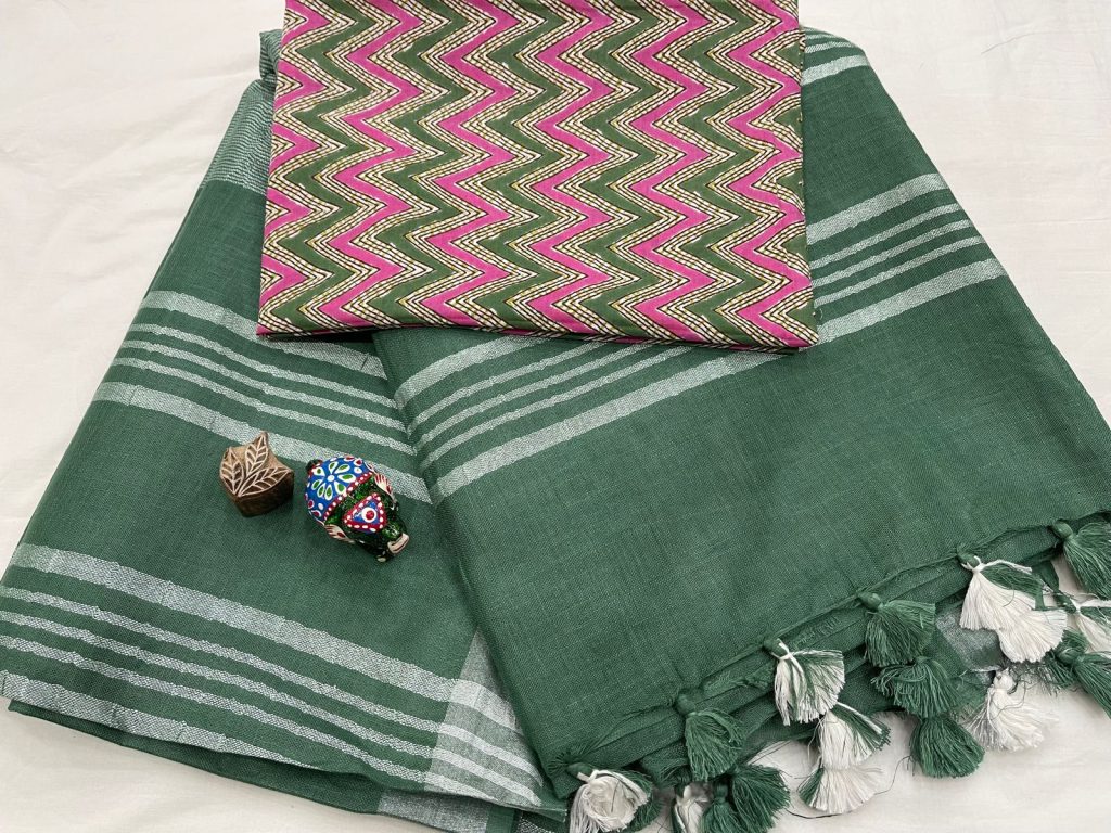 Plain viridian green linen saree with blouse