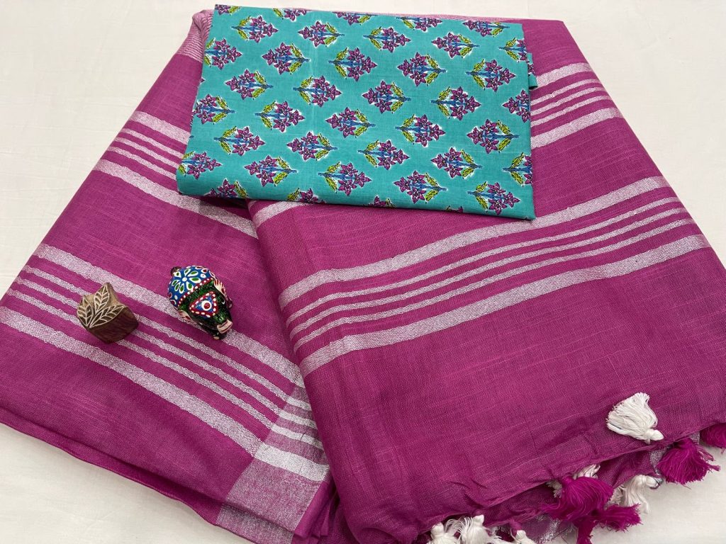 Red violet plain linen saree with printed blouse