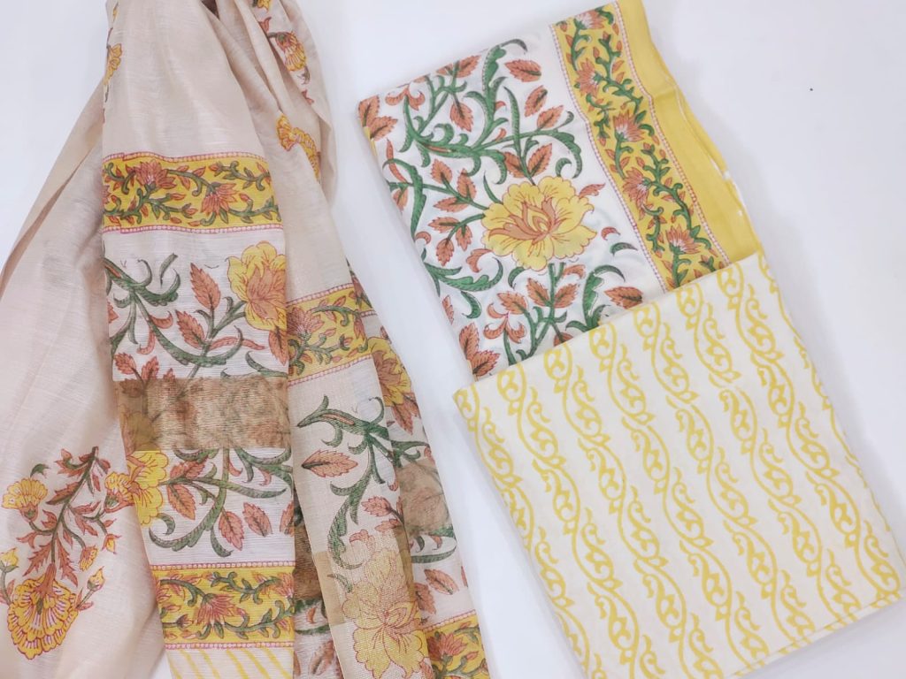 Yellow white cotton salwar suits for office wear with chanderi dupatta