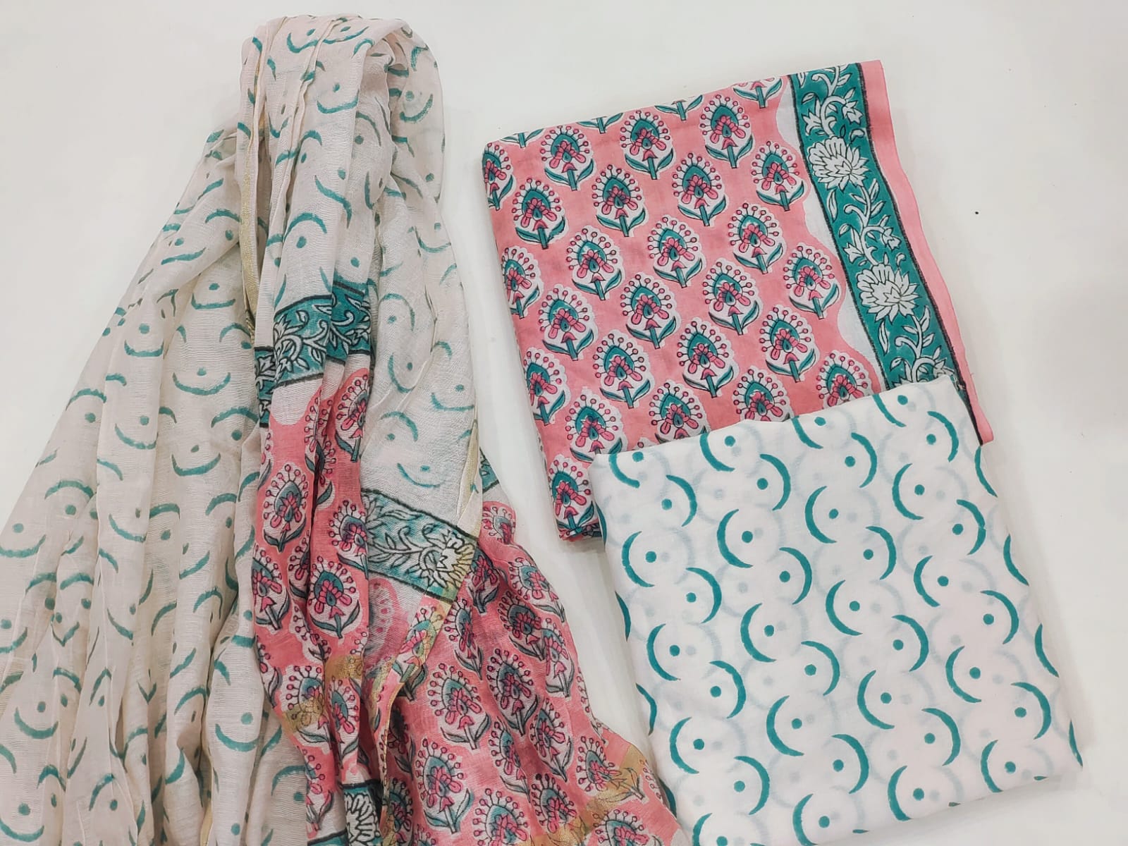 Blush pink hand block printed cotton suits online with chanderi dupatta