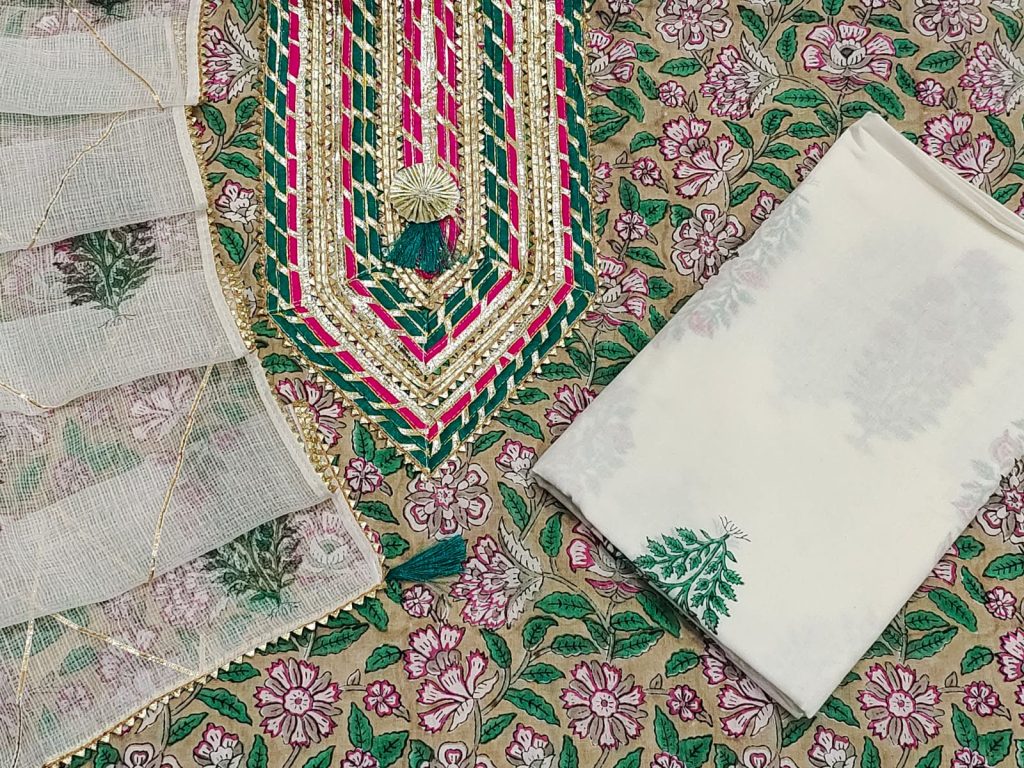 Tan and green color gad print embroidery suit punjabi with kota doria dupatta