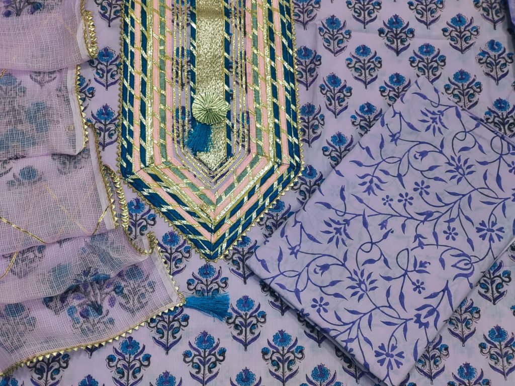 Amethyst hand block print cotton embroidery suits designs ladies with kota doria dupatta