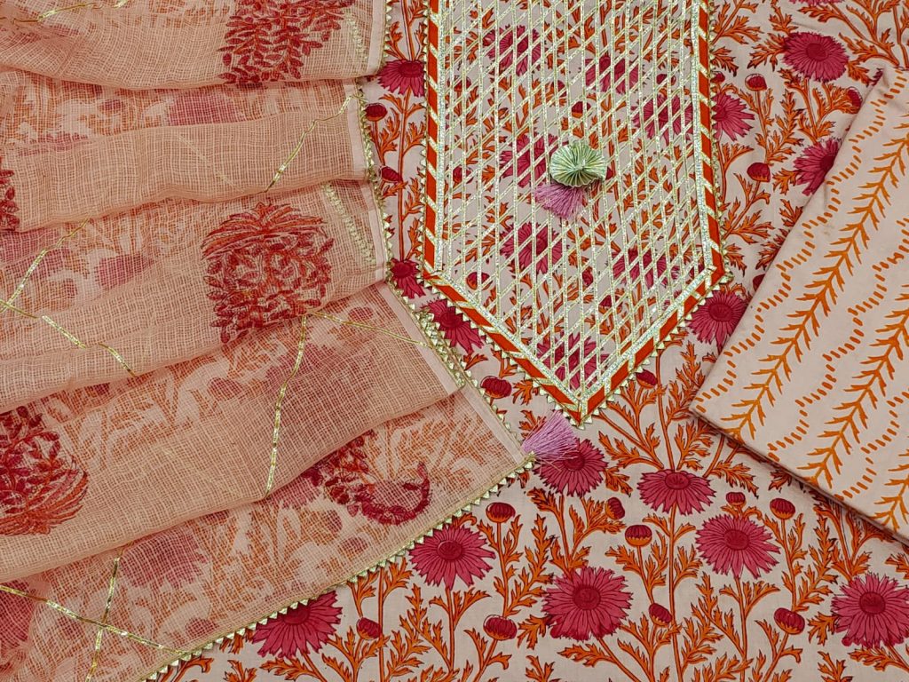 Apricot and brick red gad print cotton embroidery suit designs hand work with kota doria dupatta