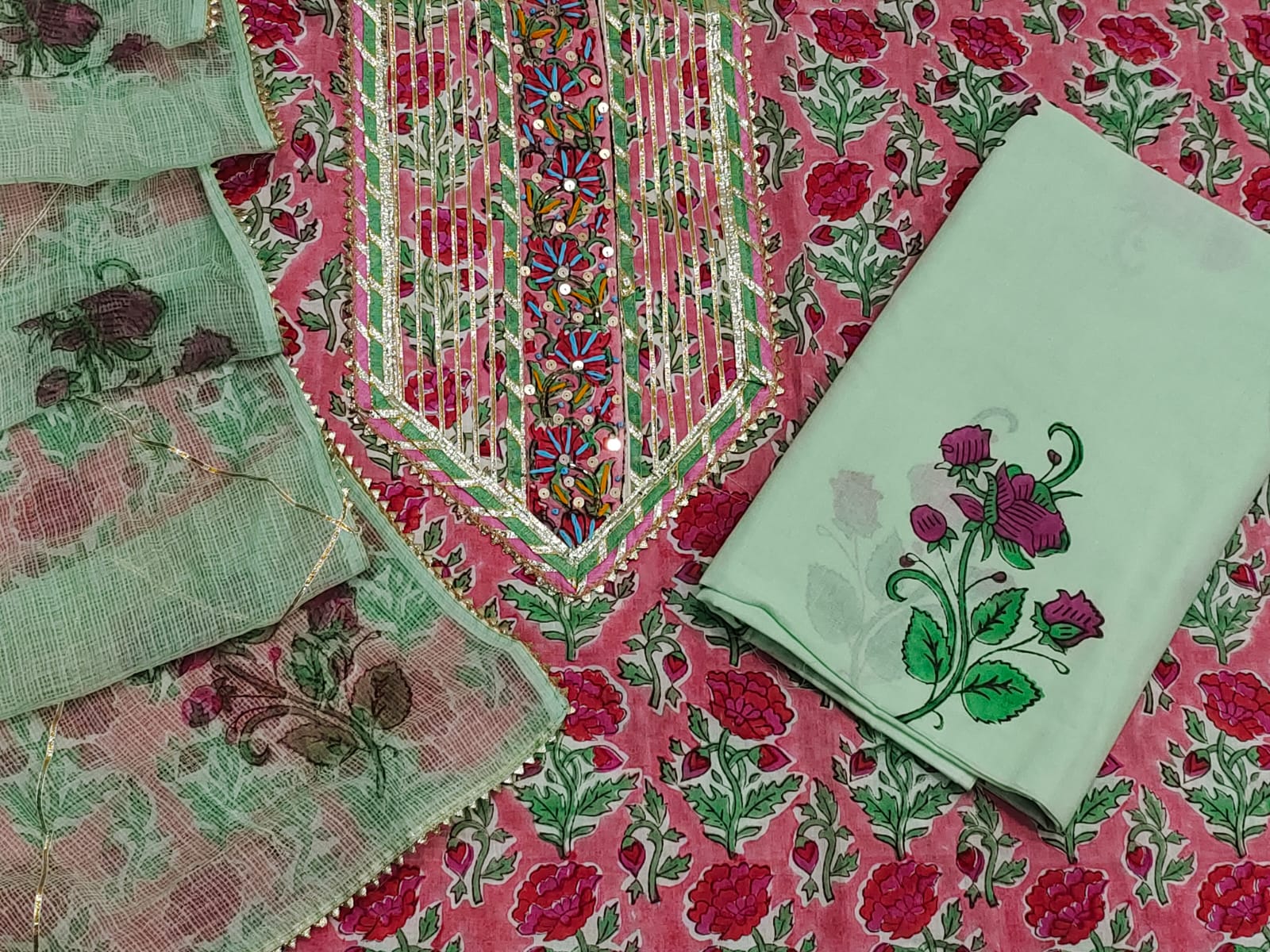 Brick red floral hand block print cotton embroidery suit designs punjabi kota doria dupatta
