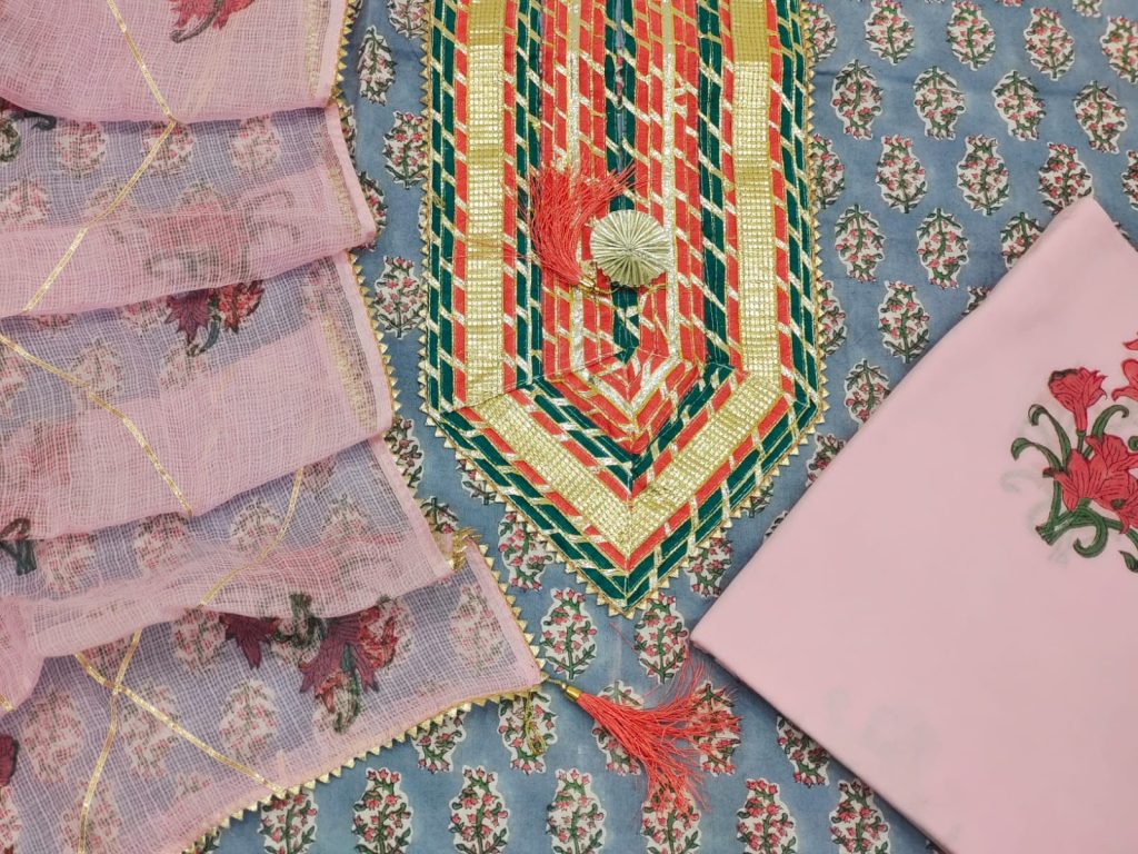 Lite blue green hand block printed cotton embroidery salwar kameez with kota doria dupatta
