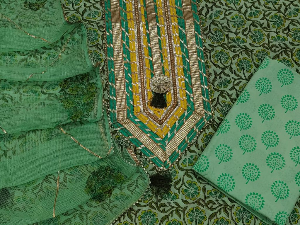 Green gad block print cotton embroidery suits wholesale with kota doria dupatta