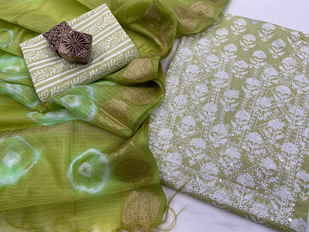 Pear green cotton party wear embroidery suits designs ladies