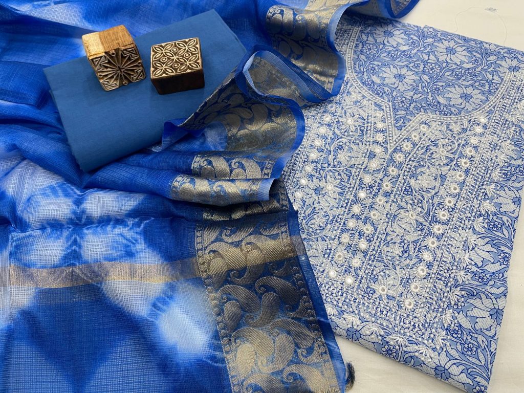 Azure blue cotton party wear suit punjabi