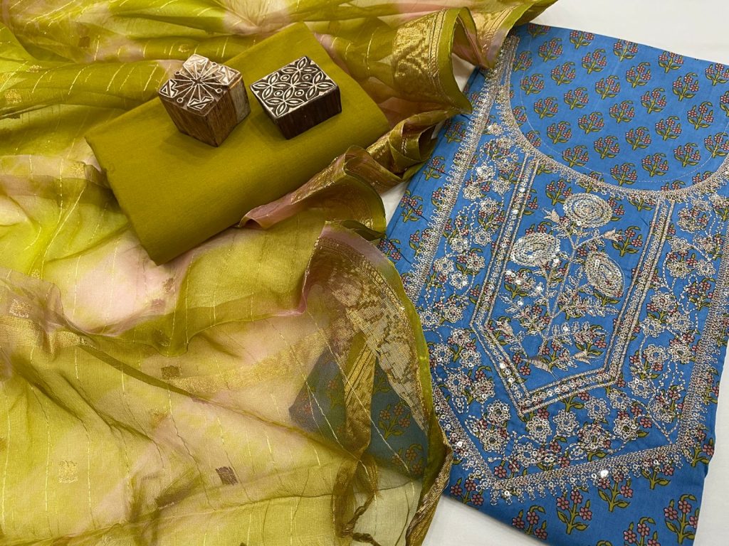 Cerulean blue party wear cotton embroidery salwar suit