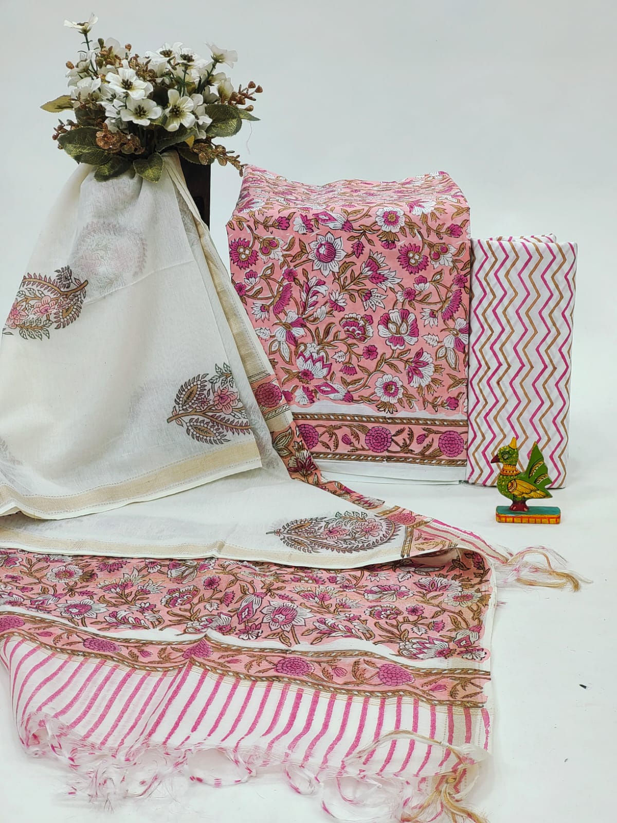 Pink gad print cotton ethnic dresses for women with chanderi cotton dupatta