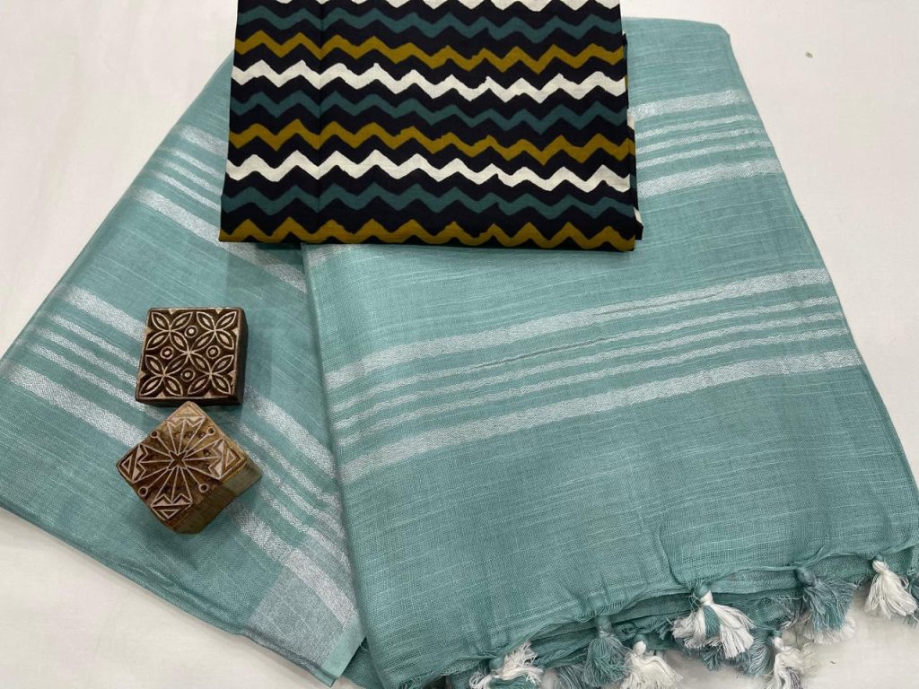 Turquoise green linen plain sarees latest