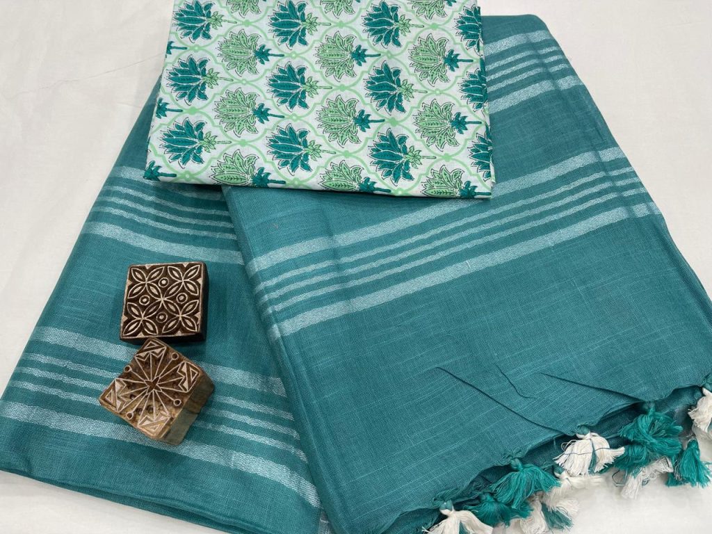 Teal green plain linen office wear saree