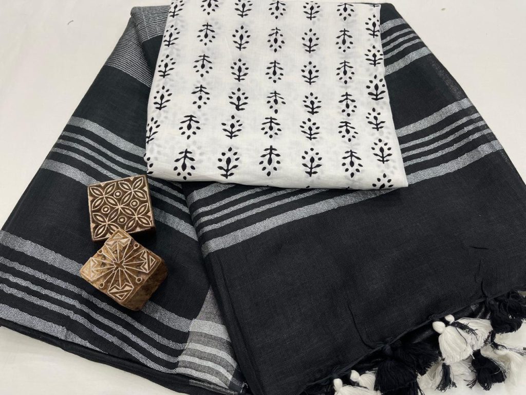 Black plain linen latest sarees with price