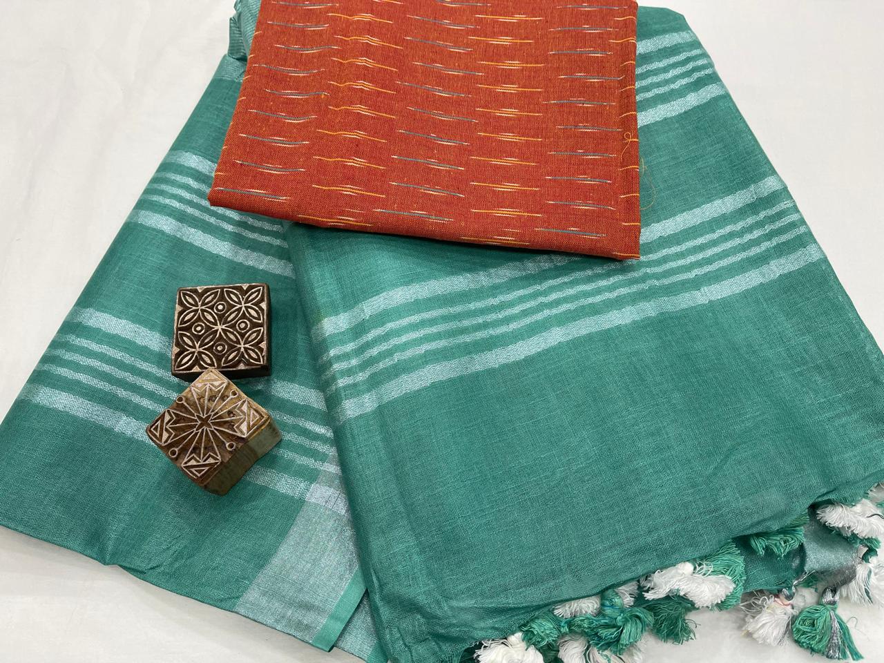 Jungle green plain linen women saree online