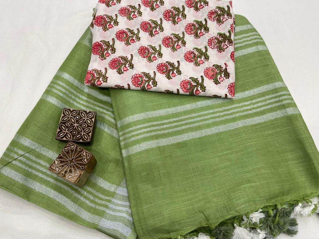 Parrot green plain linen online saree