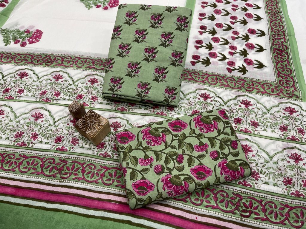Emerald green and white cotton dupatta suit for women