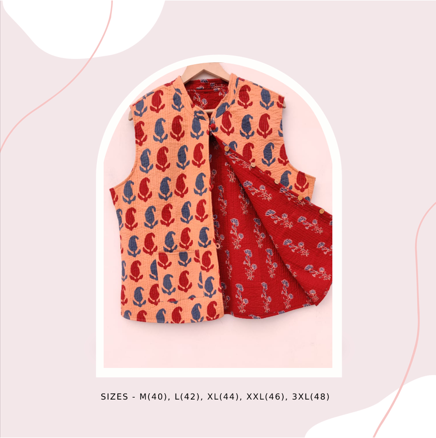 Red and salmon paisley print Reversible sleeveless jacket