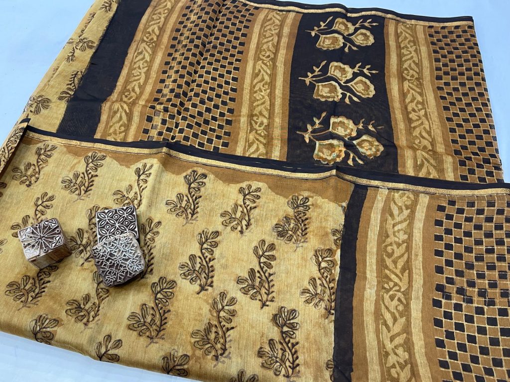 Bagru dabu print bronze color chanderi silk saree for wedding