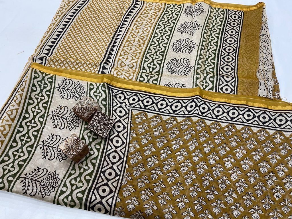 Bagru dabu print corn harvest bronze color chanderi silk saree with zari border