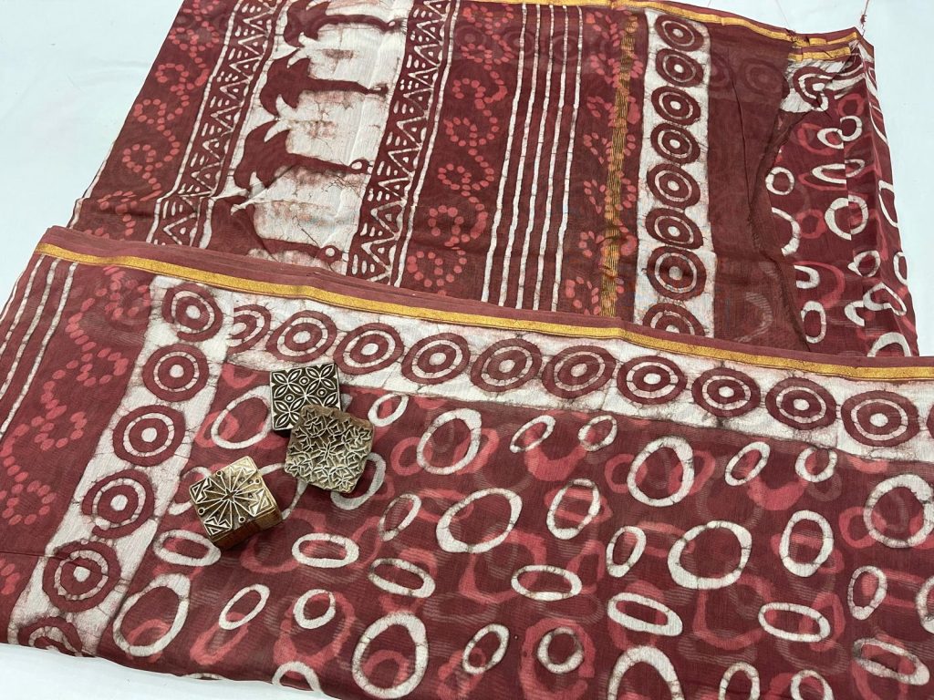 Bagru print Burgundy chanderi silk saree with price