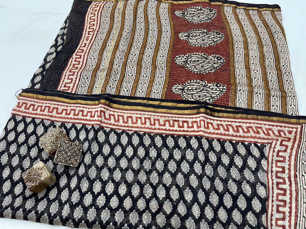 Black bagru print chanderi silk saree with zari border