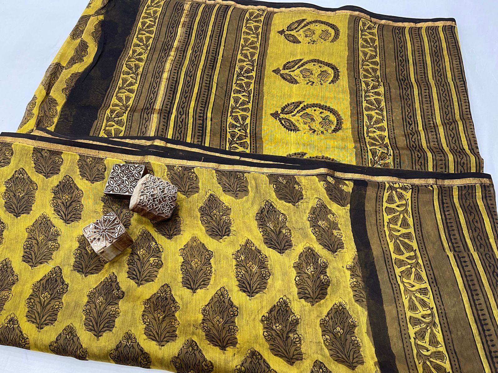 Gold color chanderi silk saree with zari border