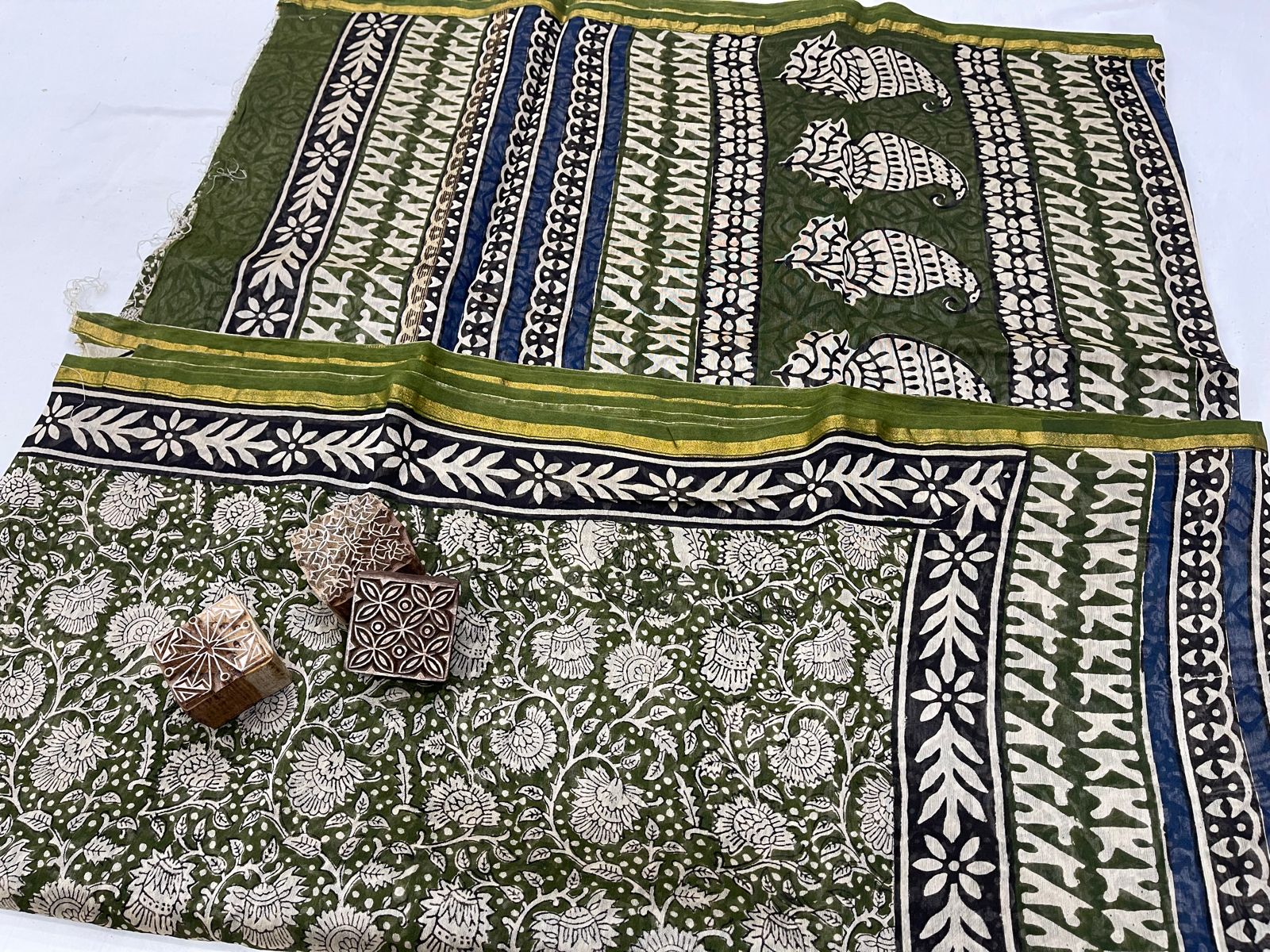 Green chanderi bagru block print silk sarees