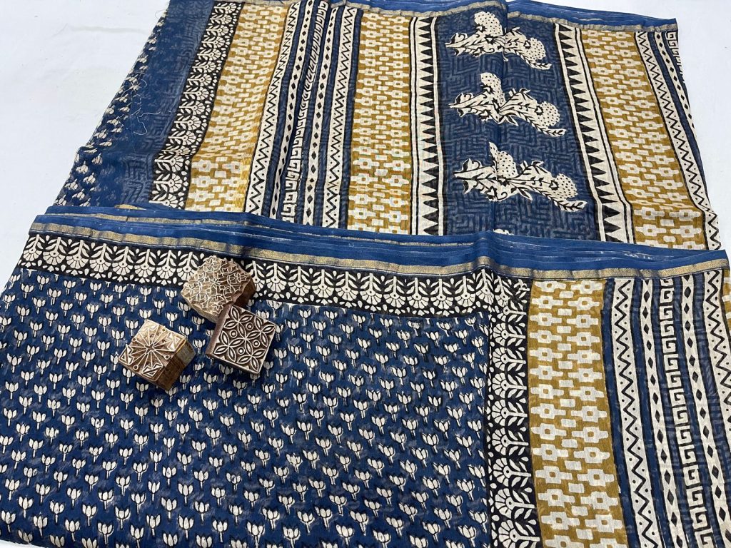 Persian blue chanderi block print silk saree
