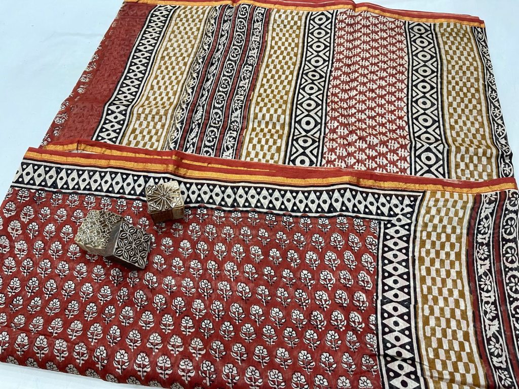 Red chanderi bagru hand block printing silk saree