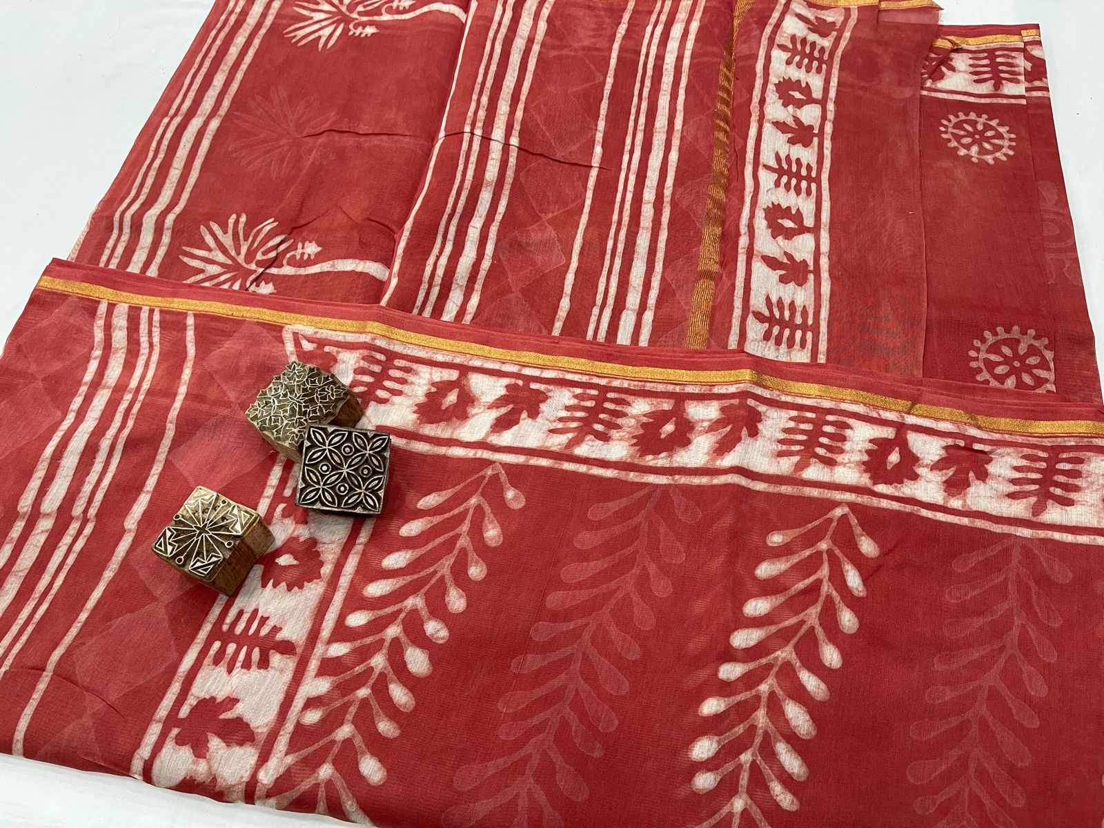 Sangaria red hand block printed silk sarees in chanderi