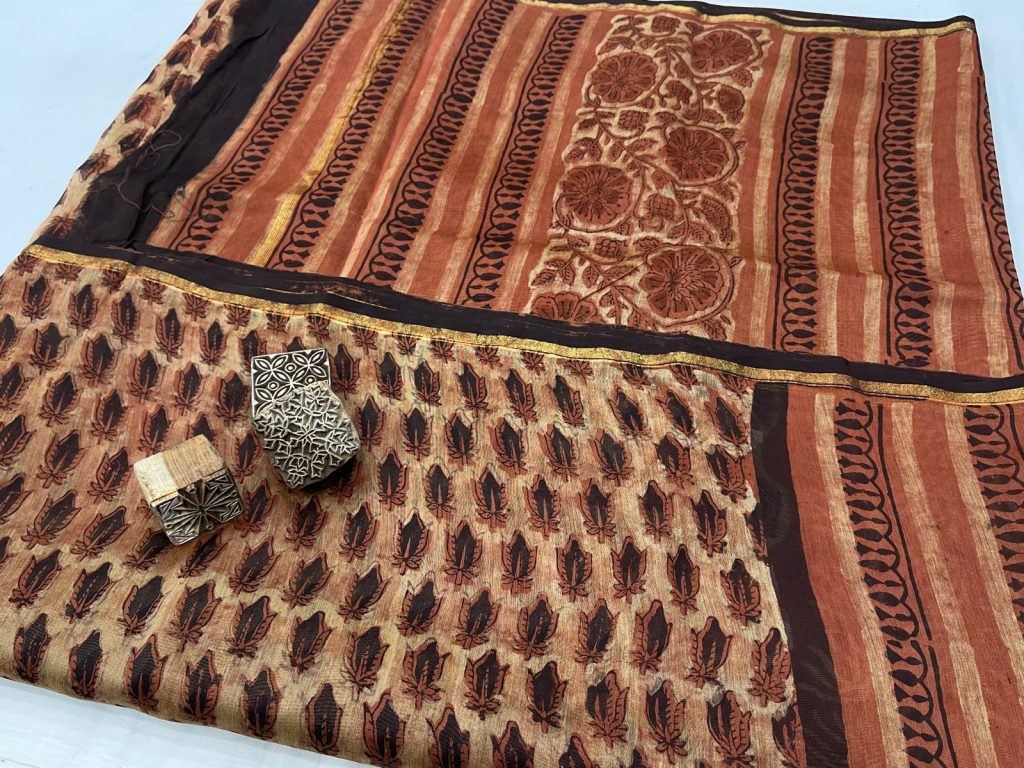 Sepia copper color chanderi bagru dabu printed silk saree