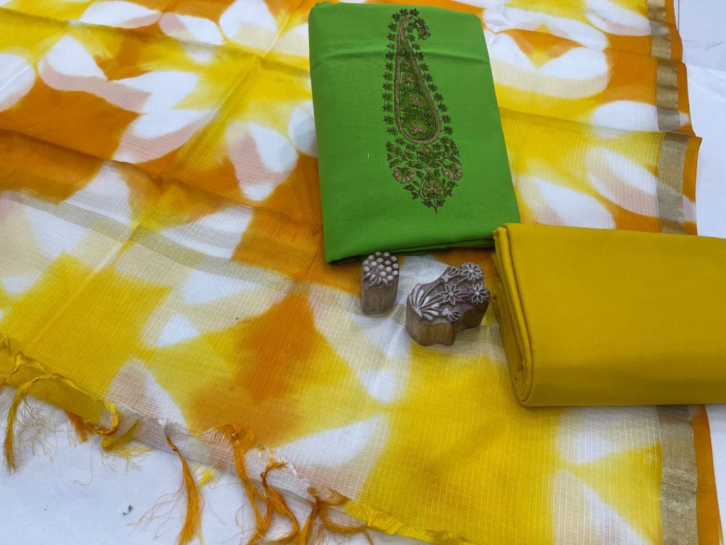 Green mugal print cotton suit with kota silk dupatta