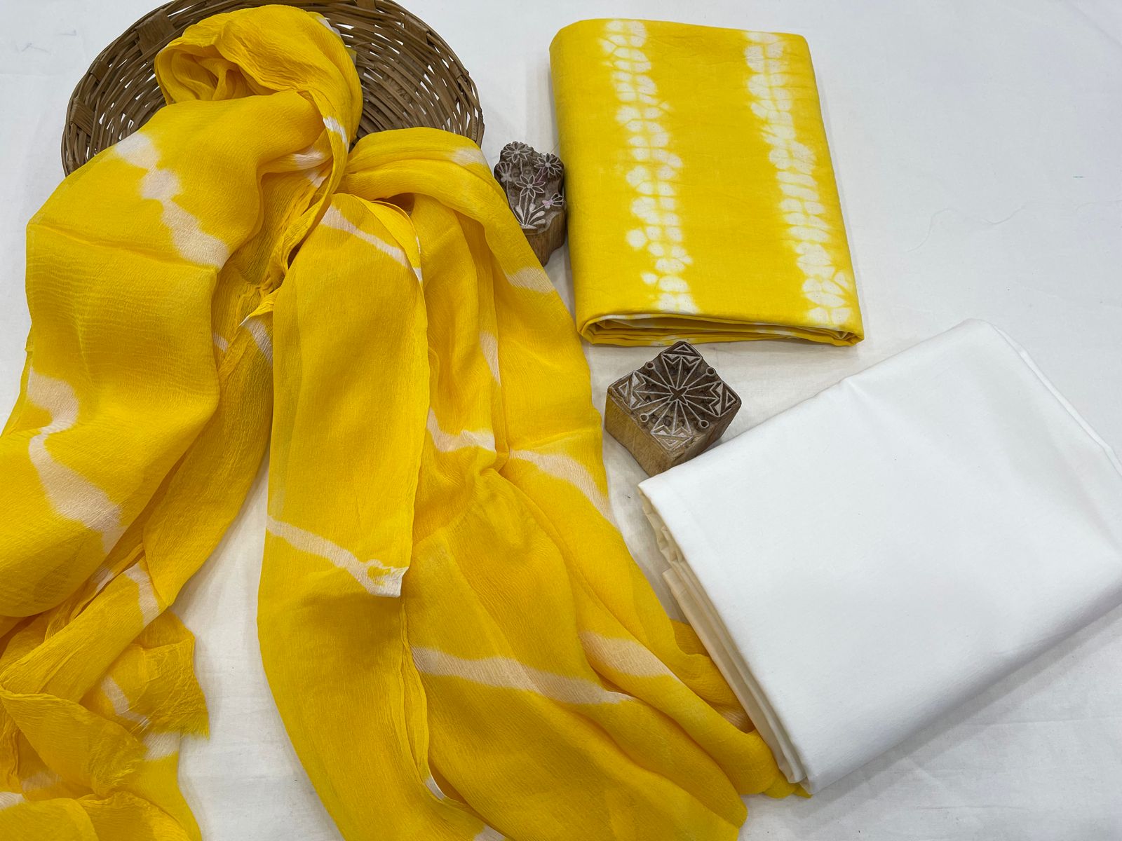 Yellow shibori print summer dress for women with chiffon dupatta