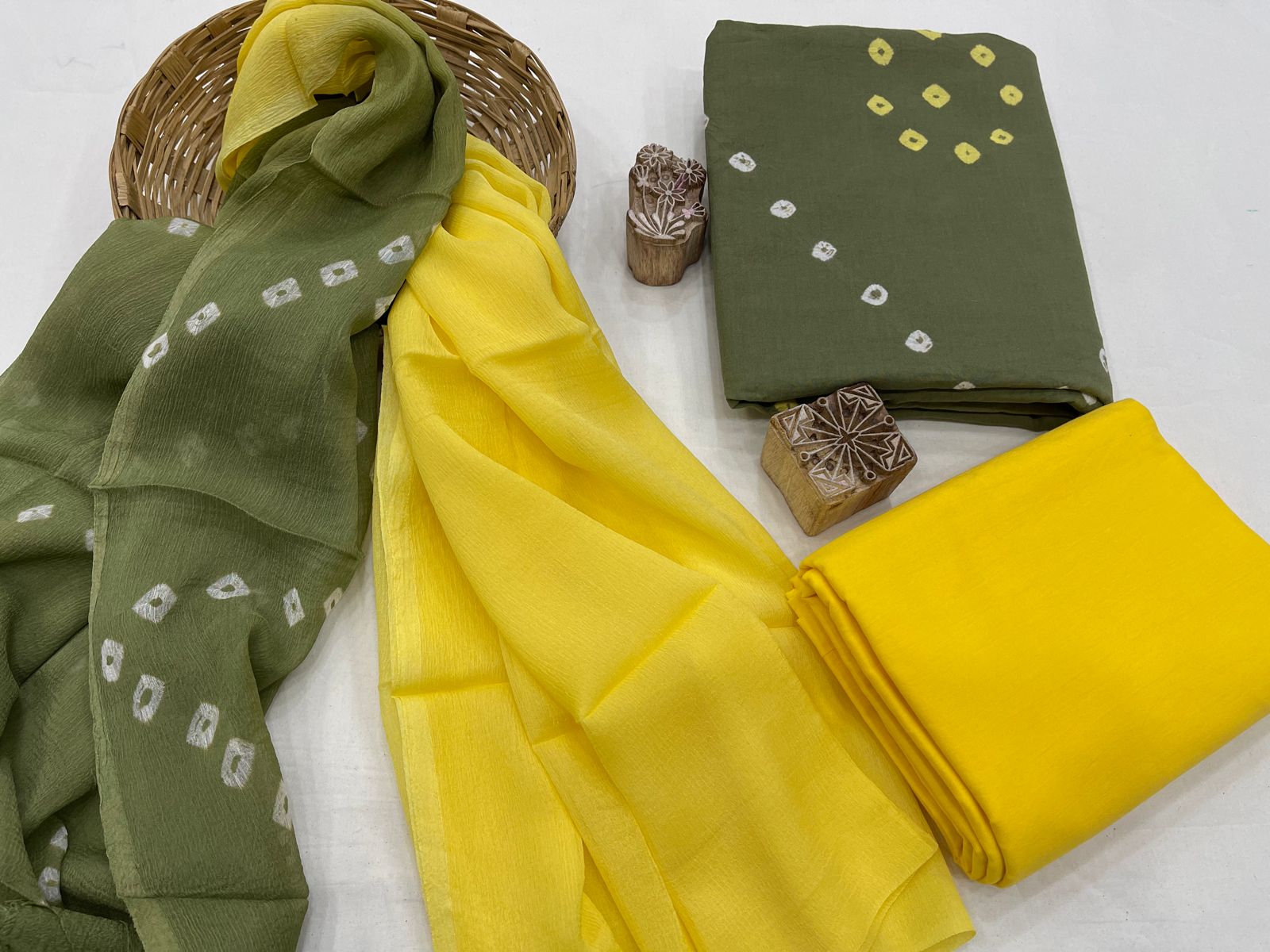 Yellow and kelp green bandhej print chiffon dupatta suit for women