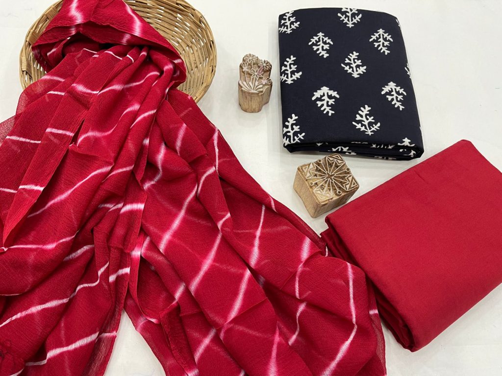 Carmine red and black shibori print chiffon dupatta cotton dress materials