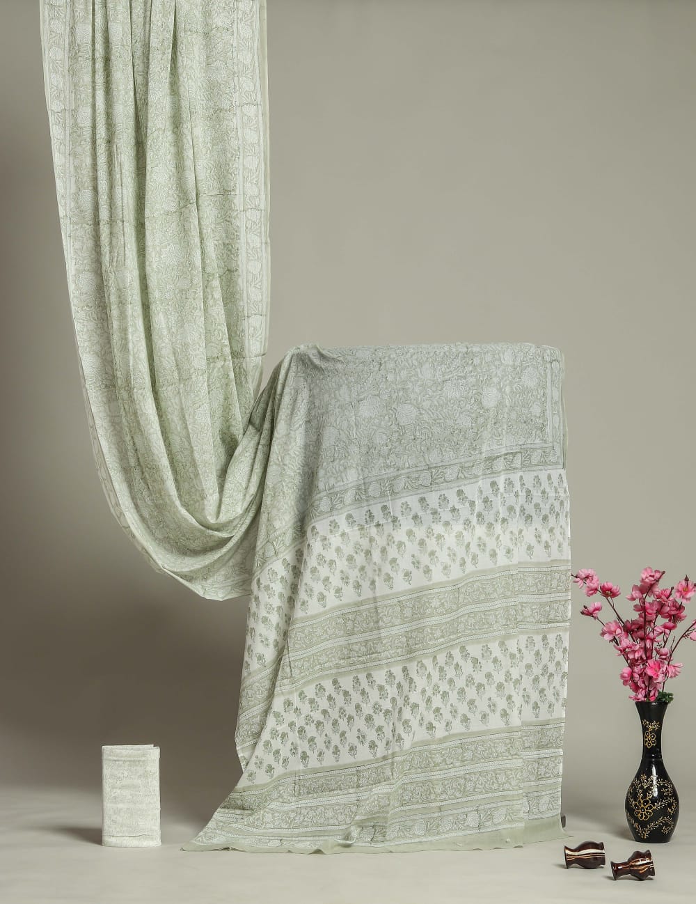 Hand block printed Harp green sarees for women