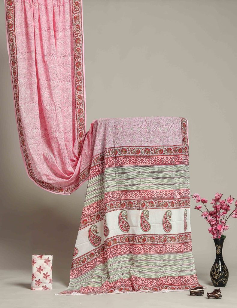Blossom pink hand block print simple cotton saree