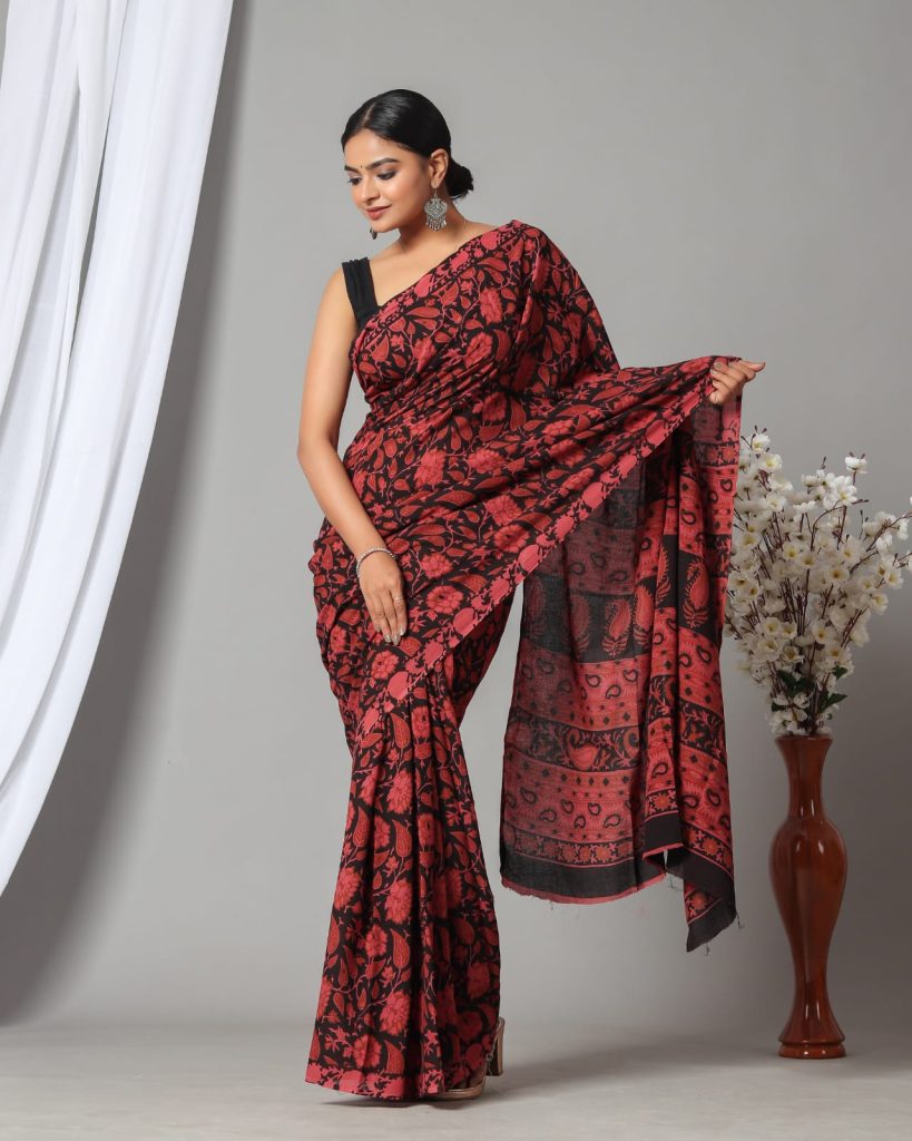 Cotton Carmine red hand block printed professional office wear sarees