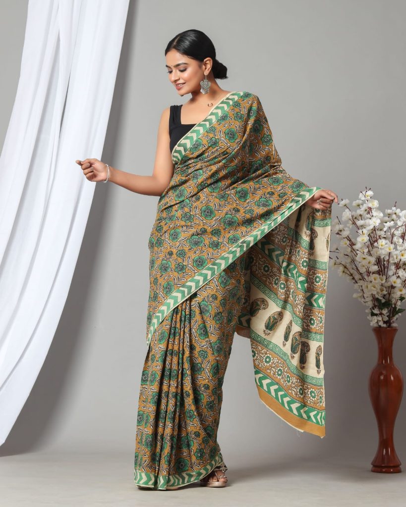 Cotton bagru print barley corn and green latest sarees with price