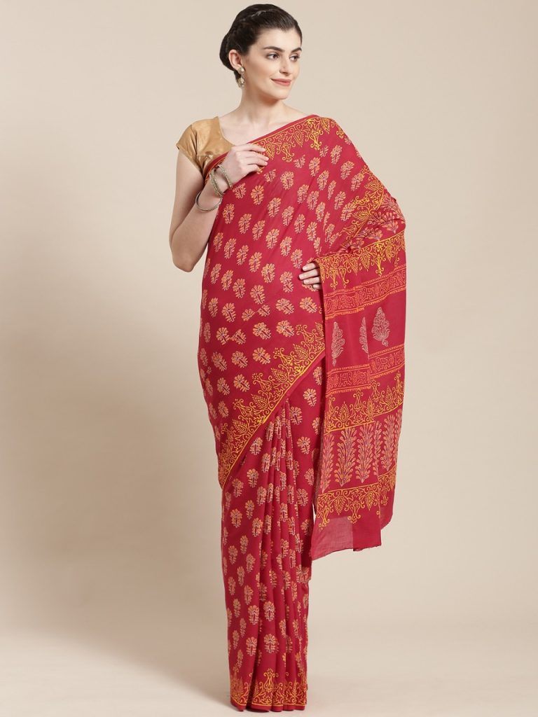 Cotton hand block print red new saree design