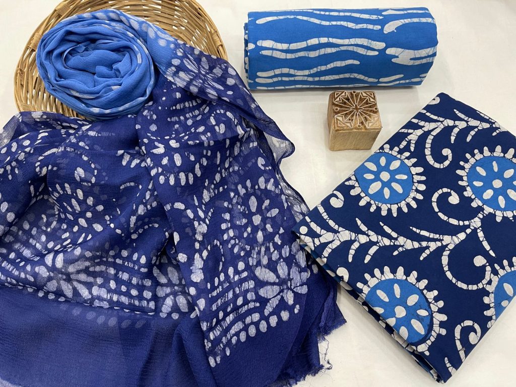 Midnight Blue batik print cotton suits online with chiffon dupatta