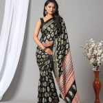 Black hand block printed gajji premium silk sarees