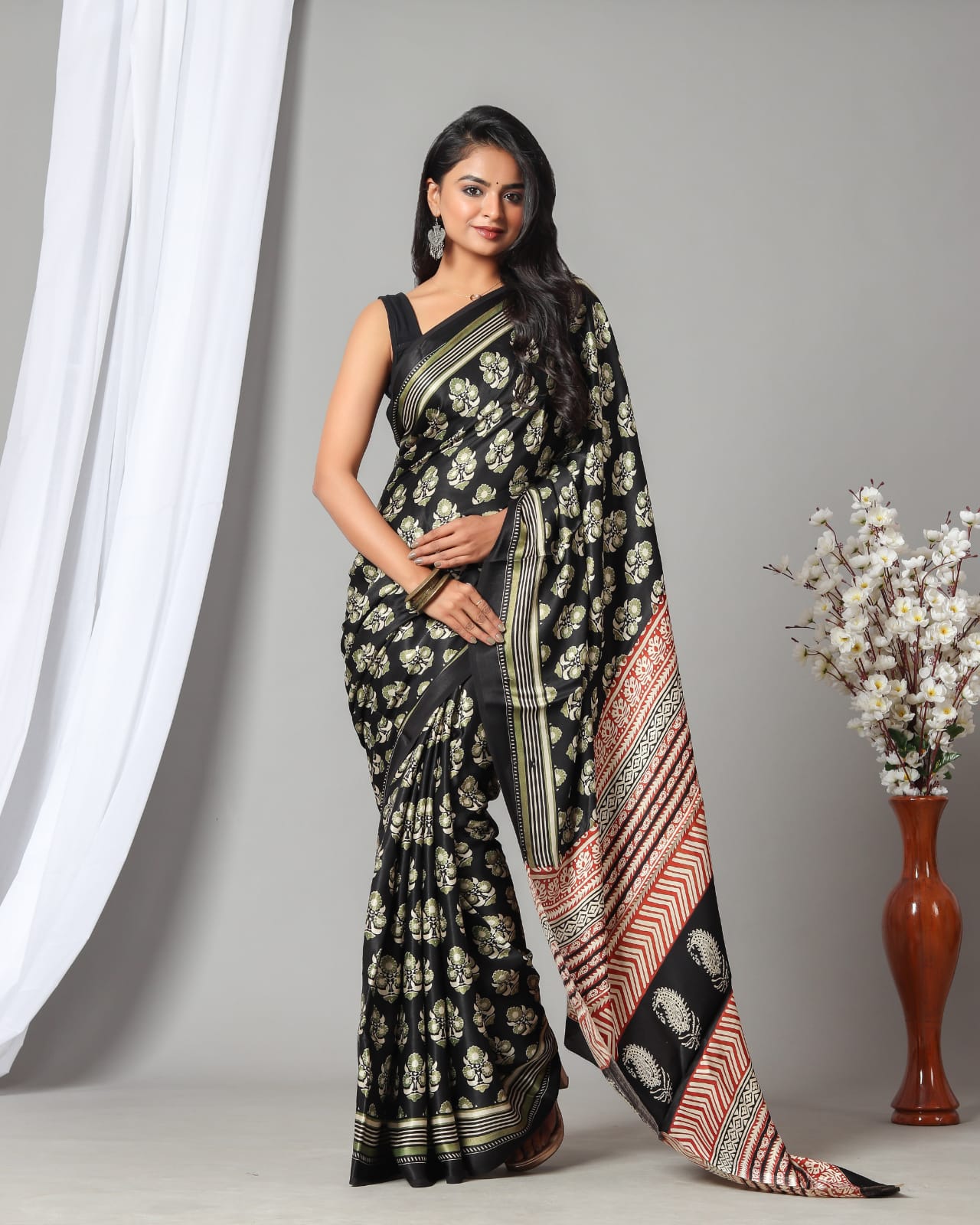 Black hand block printed gajji premium silk sarees