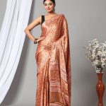 Bronze brown block printed gajji silk party wear saree
